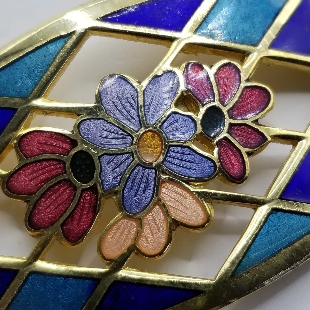 Vintage Cloisonne Brooch Pin Flowers Harlequin Pattern Multi Color Gold Tone
